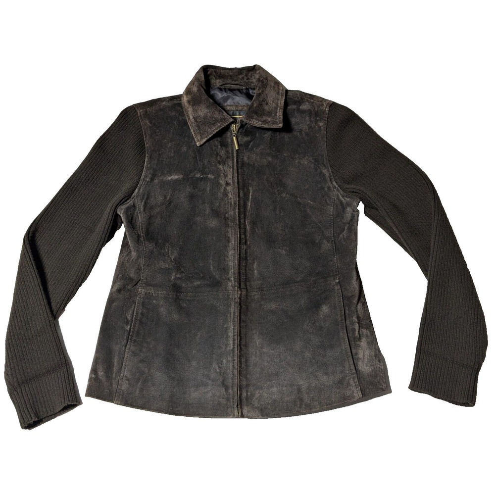 VTG FABIO LEATHER x ACRYLIC SLEEVES Women Medium Brown Mixed Material Jacket